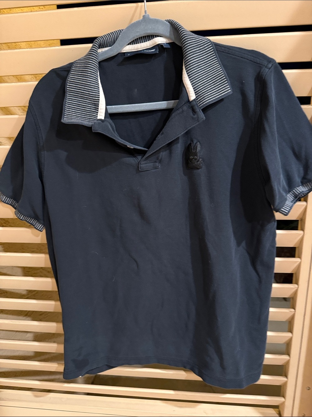 Navy Short-Sleeve Polo with Contrast Striped Collar
